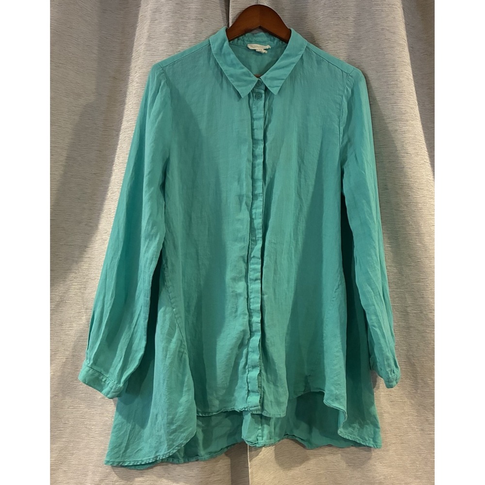 Eileen Fisher Linen Button Down Tunic Boho Breathable Lightweight Sz Large Teal